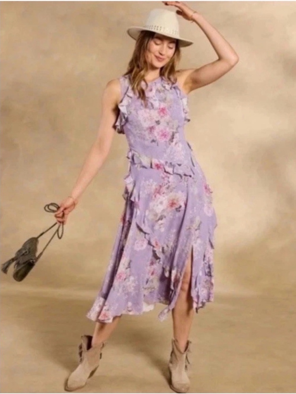 NWT Sundance Catalog Faye Sleeveless Lilac Ruffled Floral Misi Dress